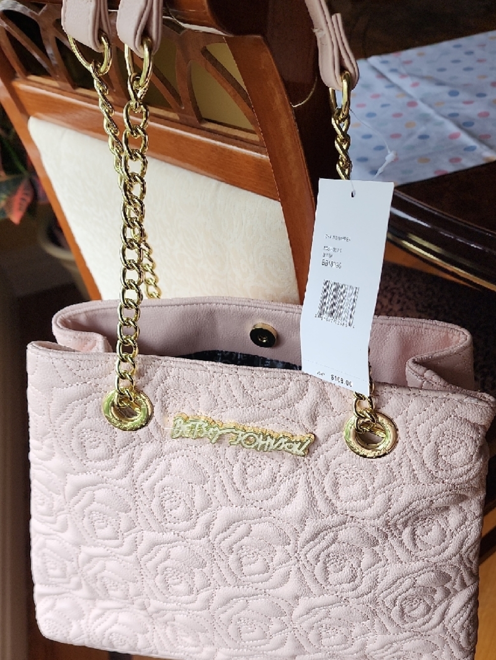 Betsey Johnson Blush Quilted Rose Embossed Shoulder Bag with Gold Chain - Picture 3 of 16
